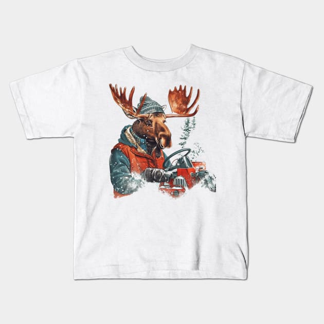 Winter Moose on Snow Plow Vintage Illustration Kids T-Shirt by TeeTrendz